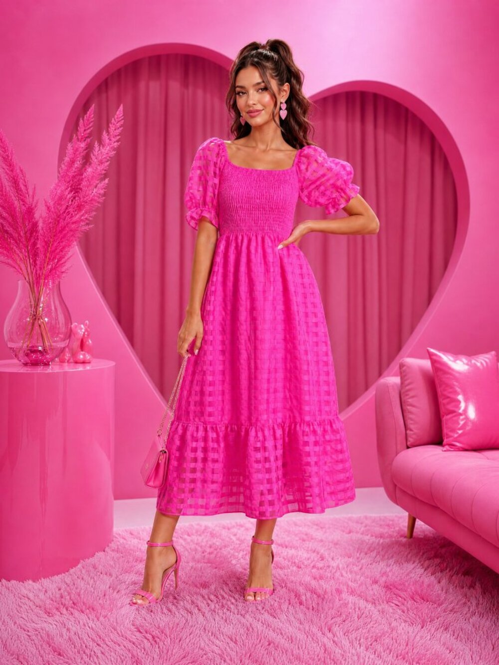 SHEIN Hot Pink Puff Sleeve Smocked Midi Dress